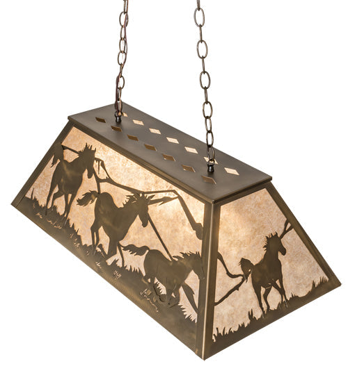 Meyda Lighting Running Horses 33" 6-Light Antique Copper Island Pendant Light With Silver Mica Shade Glass
