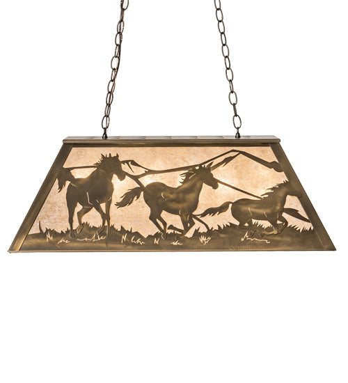 Meyda Lighting Running Horses 33" 6-Light Antique Copper Island Pendant Light With Silver Mica Shade Glass