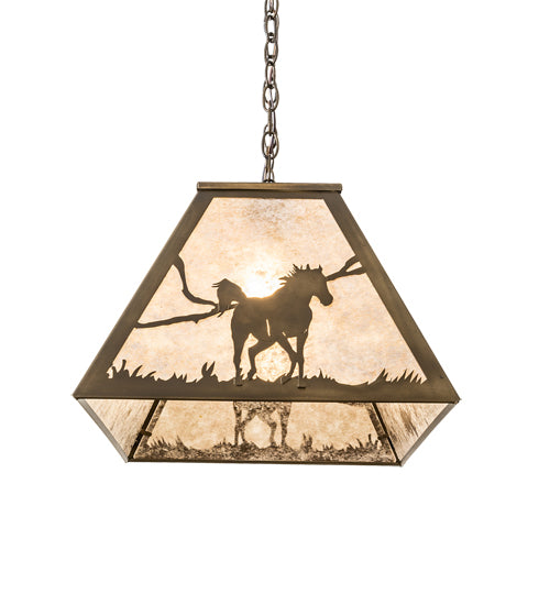 Meyda Lighting Running Horses 33" 6-Light Antique Copper Island Pendant Light With Silver Mica Shade Glass