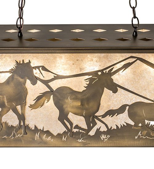 Meyda Lighting Running Horses 33" 6-Light Antique Copper Island Pendant Light With Silver Mica Shade Glass