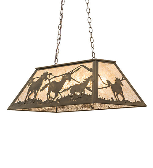 Meyda Lighting Running Horses 33" 6-Light Antique Copper Island Pendant Light With Silver Mica Shade Glass