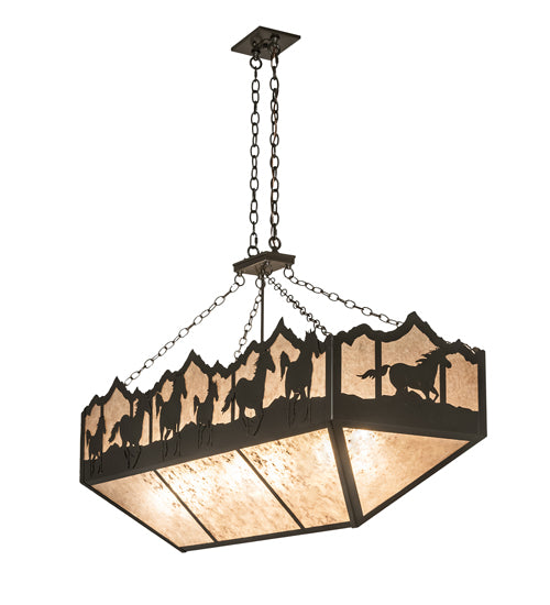 Meyda Lighting Running Horses 54" 6-Light Timeless Bronze Island Inverted Pendant Light With Silver Mica Shade Glass