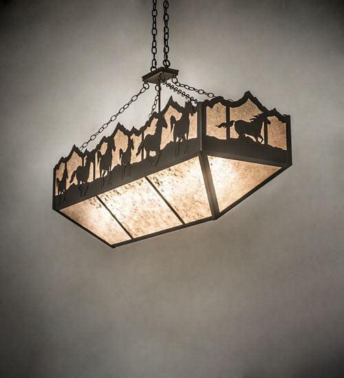 Meyda Lighting Running Horses 54" 6-Light Timeless Bronze Island Inverted Pendant Light With Silver Mica Shade Glass