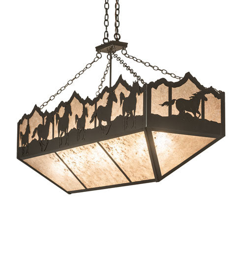 Meyda Lighting Running Horses 54" 6-Light Timeless Bronze Island Inverted Pendant Light With Silver Mica Shade Glass