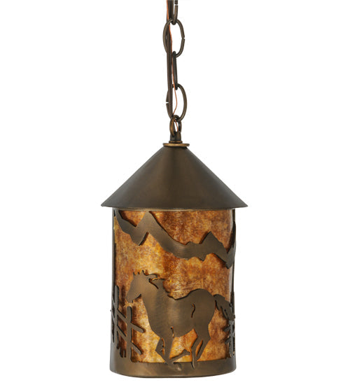 Meyda Lighting Running Horses 6" Antique Copper Mini Pendant Light With Amber Mica Shade Glass