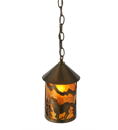 Meyda Lighting Running Horses 6" Antique Copper Mini Pendant Light With Amber Mica Shade Glass