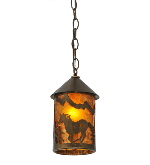 Meyda Lighting Running Horses 6" Antique Copper Mini Pendant Light With Amber Mica Shade Glass