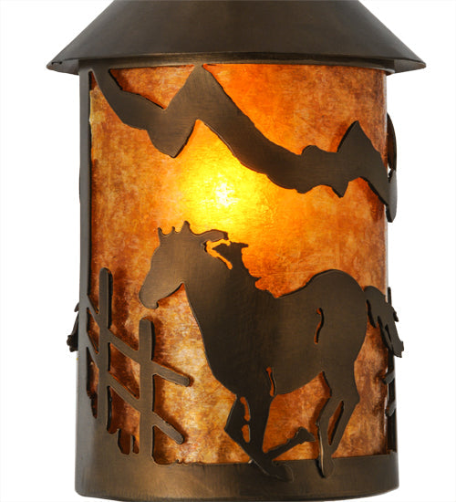 Meyda Lighting Running Horses 6" Antique Copper Mini Pendant Light With Amber Mica Shade Glass