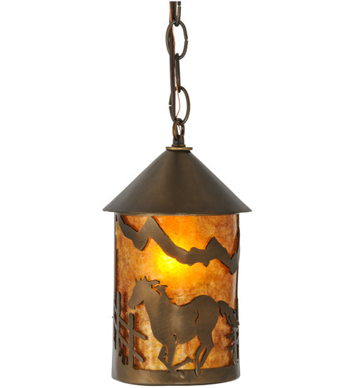 Meyda Lighting Running Horses 6" Antique Copper Mini Pendant Light With Amber Mica Shade Glass