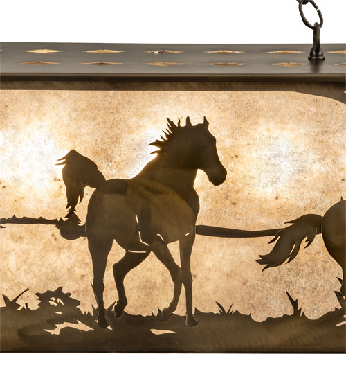 Meyda Lighting Running Horses 60" 9-Light Antique Copper Island Pendant Light With Silver Mica Shade Glass