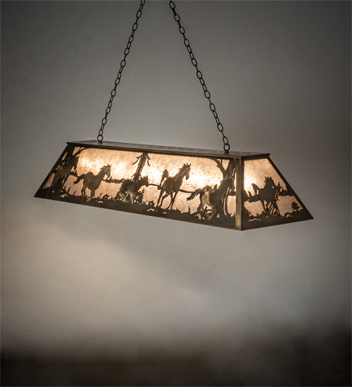 Meyda Lighting Running Horses 60" 9-Light Antique Copper Island Pendant Light With Silver Mica Shade Glass