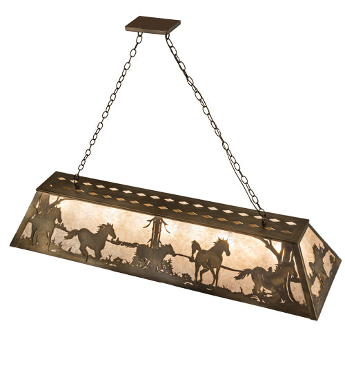 Meyda Lighting Running Horses 60" 9-Light Antique Copper Island Pendant Light With Silver Mica Shade Glass