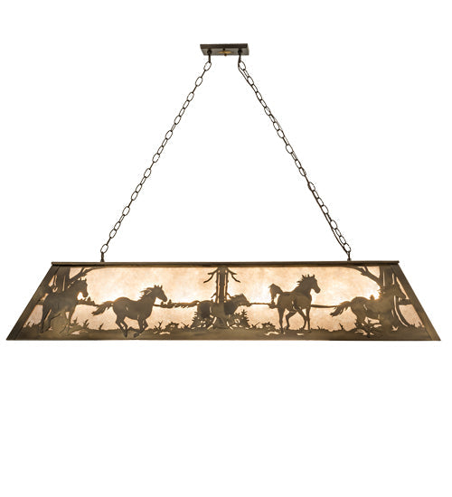 Meyda Lighting Running Horses 60" 9-Light Antique Copper Island Pendant Light With Silver Mica Shade Glass
