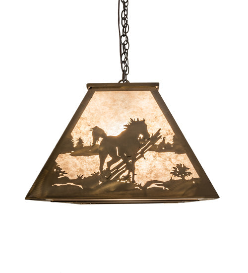 Meyda Lighting Running Horses 60" 9-Light Antique Copper Island Pendant Light With Silver Mica Shade Glass