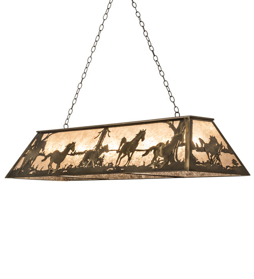 Meyda Lighting Running Horses 60" 9-Light Antique Copper Island Pendant Light With Silver Mica Shade Glass