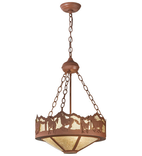 Meyda Lighting Running Horses 81468 16" 3-Light Rust Inverted Pendant Light With Silver Mica Shade Glass