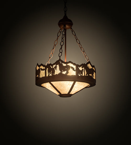 Meyda Lighting Running Horses 81468 16" 3-Light Rust Inverted Pendant Light With Silver Mica Shade Glass