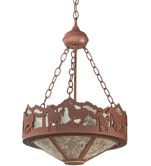 Meyda Lighting Running Horses 81468 16" 3-Light Rust Inverted Pendant Light With Silver Mica Shade Glass