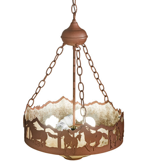 Meyda Lighting Running Horses 81468 16" 3-Light Rust Inverted Pendant Light With Silver Mica Shade Glass