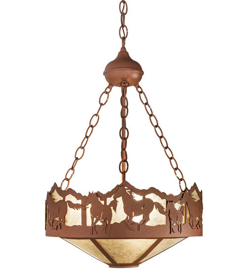 Meyda Lighting Running Horses 81468 16" 3-Light Rust Inverted Pendant Light With Silver Mica Shade Glass