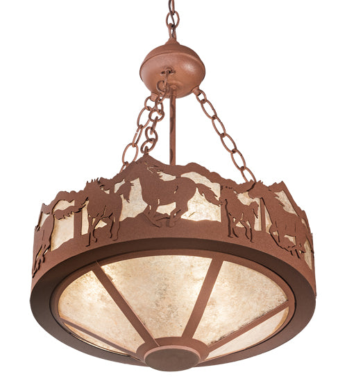 Meyda Lighting Running Horses 81468 16" 3-Light Rust Inverted Pendant Light With Silver Mica Shade Glass