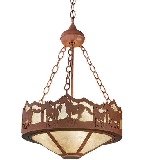 Meyda Lighting Running Horses 81468 16" 3-Light Rust Inverted Pendant Light With Silver Mica Shade Glass