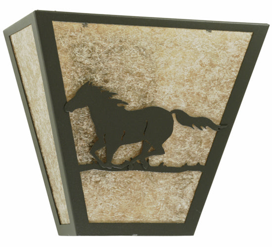 Meyda Lighting Running Horses Left 13" 2-Light Wrought Iron Wall Sconce With Silver Mica Shade Glass