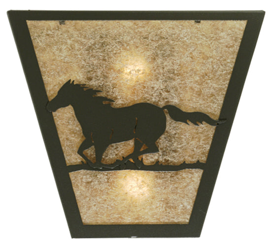 Meyda Lighting Running Horses Left 13" 2-Light Wrought Iron Wall Sconce With Silver Mica Shade Glass
