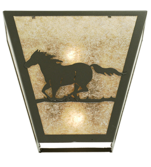 Meyda Lighting Running Horses Left 13" 2-Light Wrought Iron Wall Sconce With Silver Mica Shade Glass