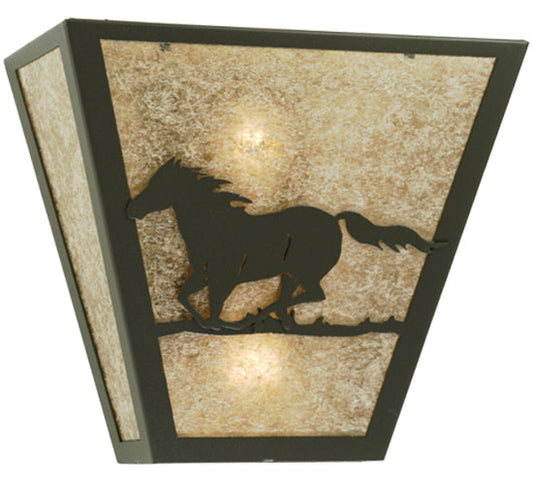 Meyda Lighting Running Horses Left 13" 2-Light Wrought Iron Wall Sconce With Silver Mica Shade Glass