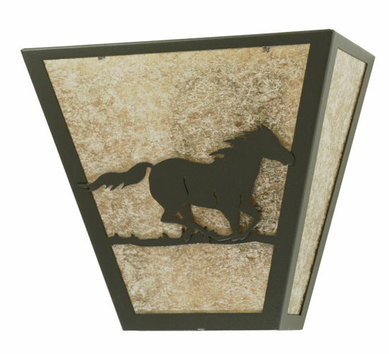 Meyda Lighting Running Horses Right 13" 2-Light Wrought Iron Wall Sconce With Silver Mica Shade Glass