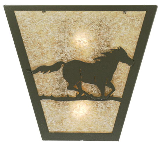 Meyda Lighting Running Horses Right 13" 2-Light Wrought Iron Wall Sconce With Silver Mica Shade Glass