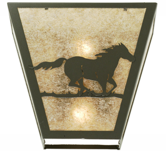 Meyda Lighting Running Horses Right 13" 2-Light Wrought Iron Wall Sconce With Silver Mica Shade Glass