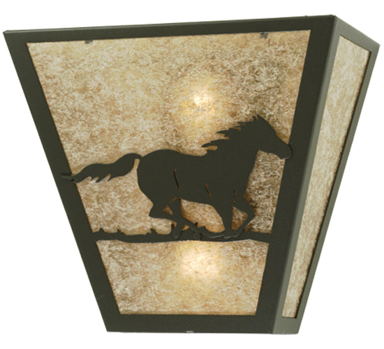 Meyda Lighting Running Horses Right 13" 2-Light Wrought Iron Wall Sconce With Silver Mica Shade Glass