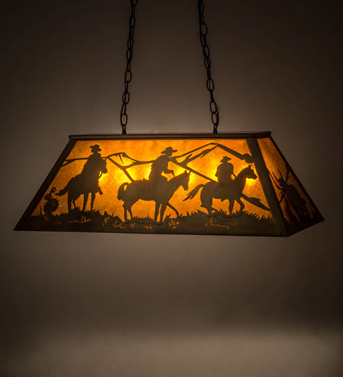 Meyda Lighting Rustlers 33" 6-Light Antique Copper Island Pendant Light With Amber Mica Shade Glass
