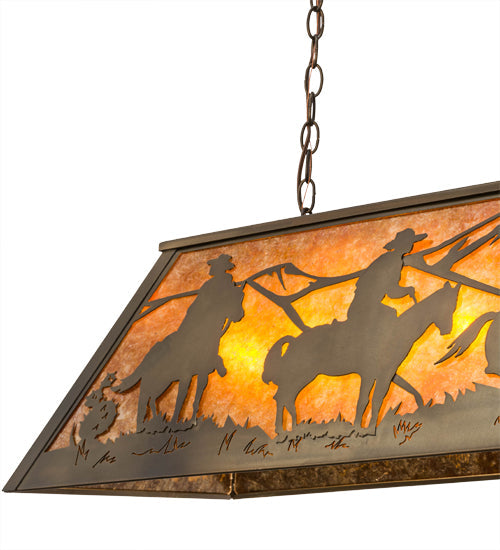 Meyda Lighting Rustlers 33" 6-Light Antique Copper Island Pendant Light With Amber Mica Shade Glass
