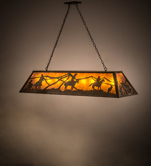 Meyda Lighting Rustlers 60" 9-Light Antique Copper Island Pendant Light With Amber Mica Shade Glass