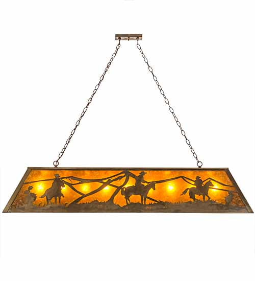 Meyda Lighting Rustlers 60" 9-Light Antique Copper Island Pendant Light With Amber Mica Shade Glass