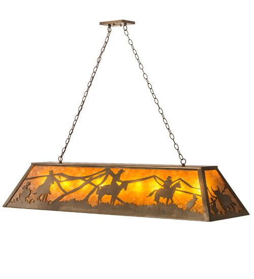 Meyda Lighting Rustlers 60" 9-Light Antique Copper Island Pendant Light With Amber Mica Shade Glass