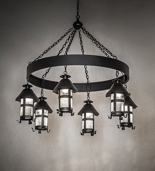 Meyda Lighting Rutland 50" 6-Light Textured Black Chandelier With Clear Seeded Shade Glass