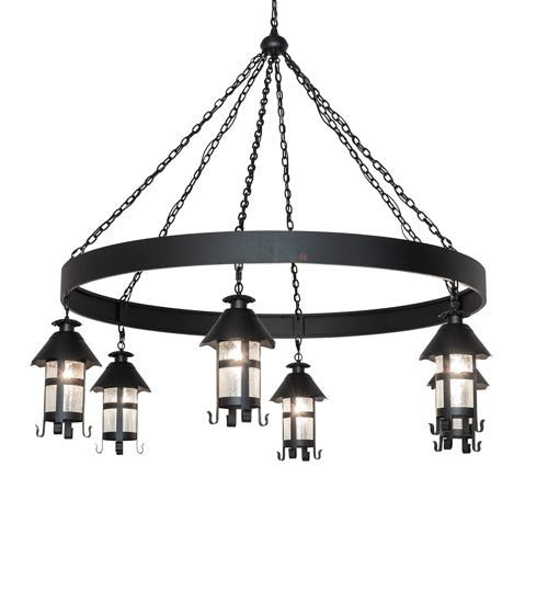 Meyda Lighting Rutland 66" 6-Light Textured Black Chandelier With Clear Seeded Shade Glass