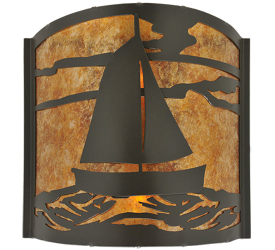 Meyda Lighting Sailboat 12" 2-Light Timeless Bronze Wall Sconce With Amber Mica Shade Glass