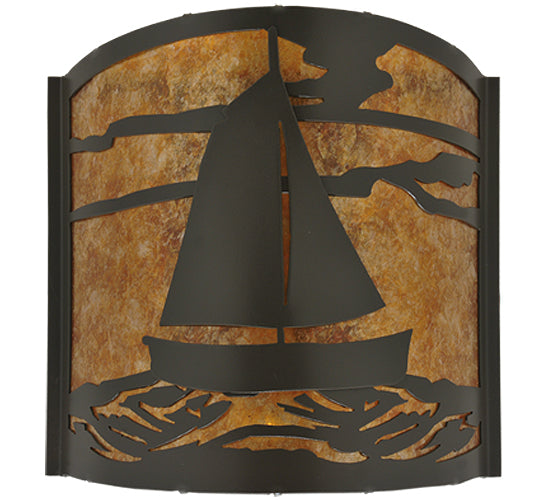 Meyda Lighting Sailboat 12" 2-Light Timeless Bronze Wall Sconce With Amber Mica Shade Glass