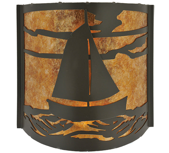 Meyda Lighting Sailboat 12" 2-Light Timeless Bronze Wall Sconce With Amber Mica Shade Glass