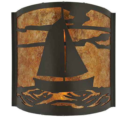 Meyda Lighting Sailboat 12" 2-Light Timeless Bronze Wall Sconce With Amber Mica Shade Glass