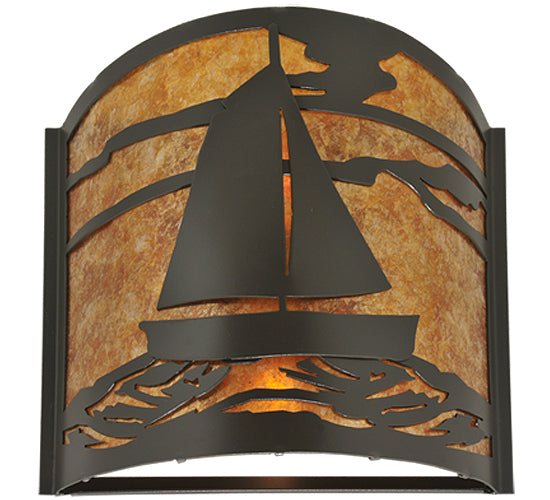Meyda Lighting Sailboat 12" 2-Light Timeless Bronze Wall Sconce With Amber Mica Shade Glass
