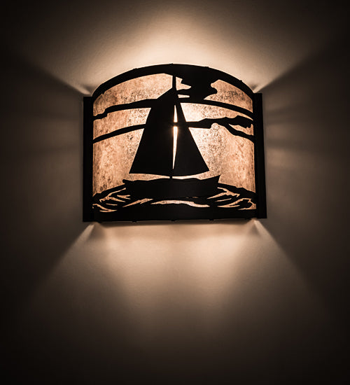 Meyda Lighting Sailboat 12" Textured Black Wall Sconce With Silver Mica Shade Glass