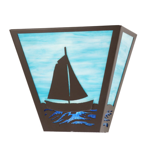 Meyda Lighting Sailboat 13" 2-Light Timeless Bronze Wall Sconce With Sky Blue & Blue Green Ripple Art Shade Glass