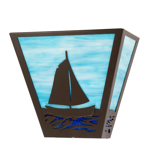 Meyda Lighting Sailboat 13" 2-Light Timeless Bronze Wall Sconce With Sky Blue & Blue Green Ripple Art Shade Glass
