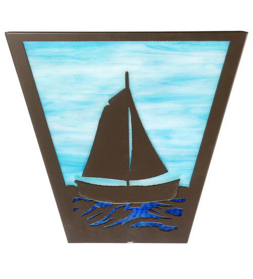Meyda Lighting Sailboat 13" 2-Light Timeless Bronze Wall Sconce With Sky Blue & Blue Green Ripple Art Shade Glass